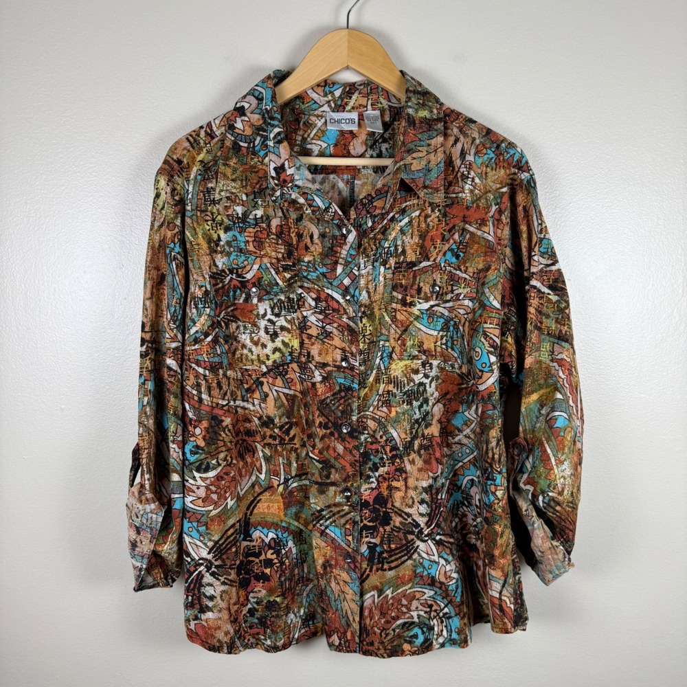 Chico's Women's 3 XL Button Up Shirt Multicolor Abstract Art Roll Tab Cotton